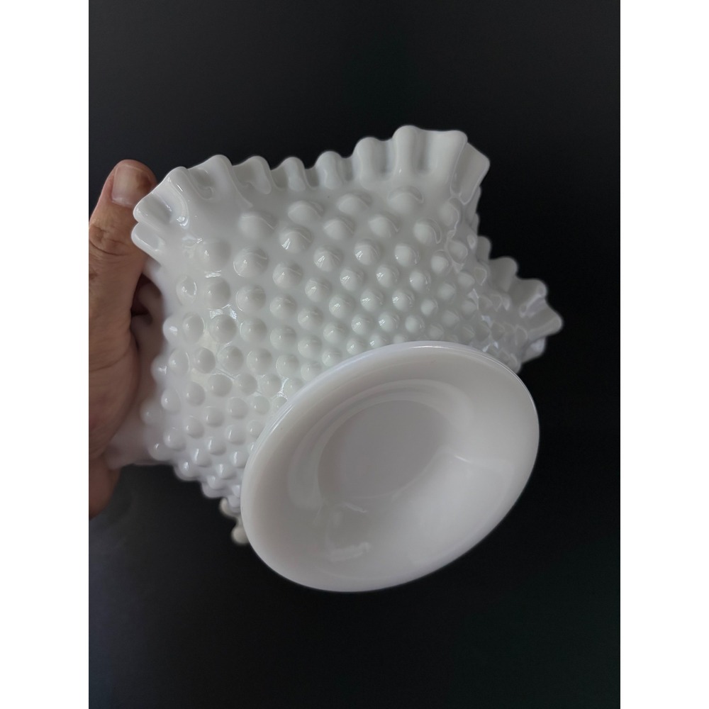 Fenton Hobnail | White Milk Glass | Ruffled Pedestal Candle Holder | Centerpiece - Picture 5 of 11